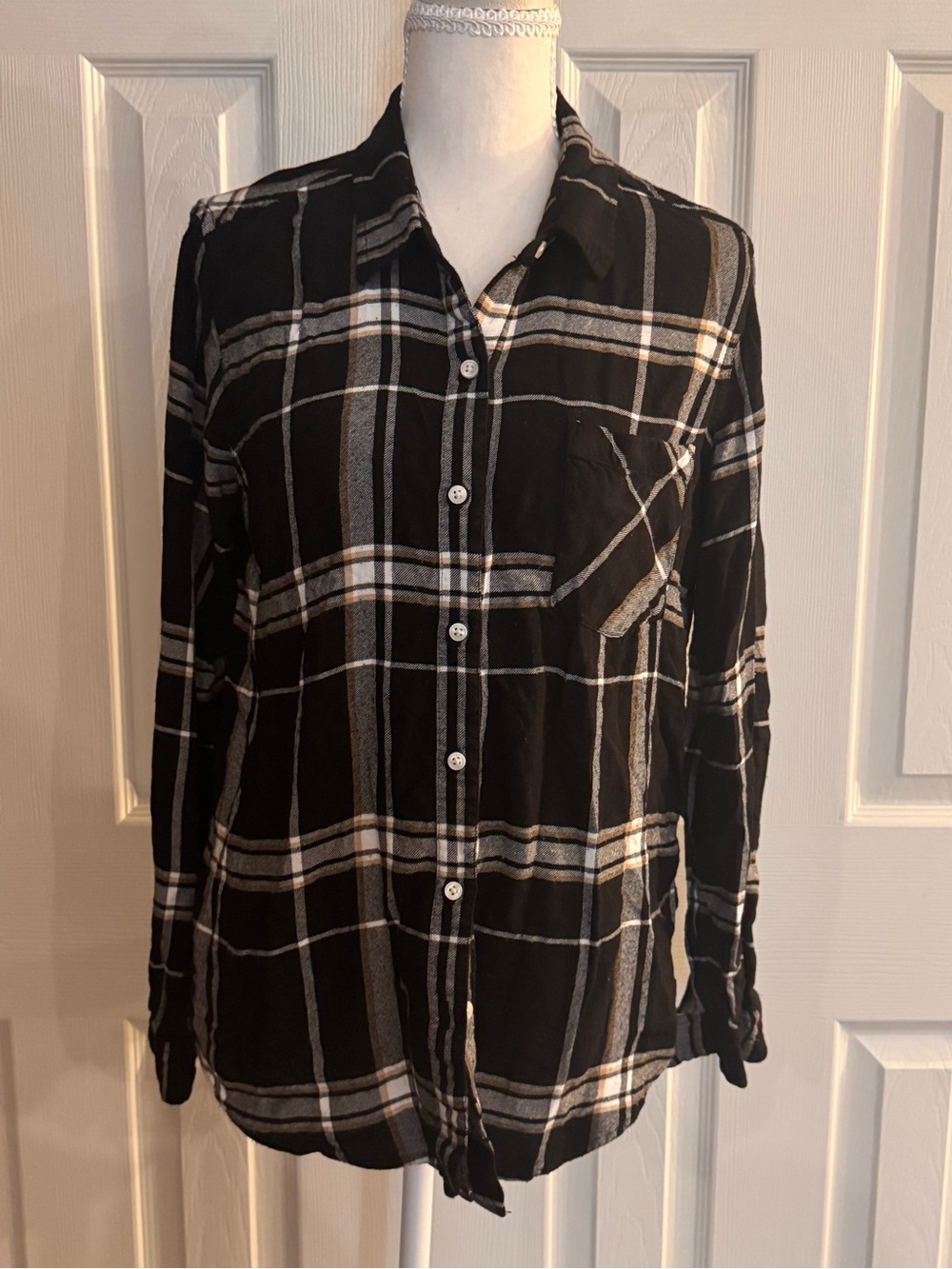 Lucky Brand Black Plaid Shirt with White and Tan Stripes
